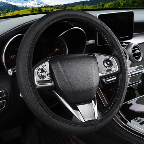 Black Steering Wheel Cover, Soft Leather Steering Wheel Cover, Anti-slip & Breathable Car Steering Wheel Cover Universal Size 37-38cm /14.5-15inch