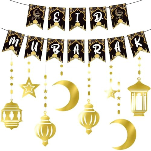 Sovanna Eid Mubarak Dekoration, Gold, 18 cm, Banner, Stern und Mond, Ramadan, Eid, Innenraum-Dekoration