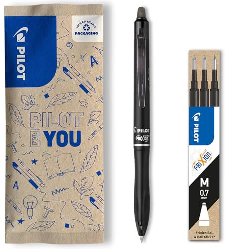 PILOT - FriXion Ball 07 Plus Set - 1 pen + 1 set met 3 vullingen - Uitwisbare gelrollerball met drukmechanisme - Navulbaar en gemaakt van gerecycled plastic - Zwart - Medium Punt