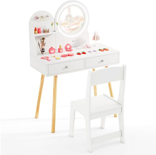 DREAMADE Schminktisch Kinder, Schminktisch Mädchen mit 2-Farbiger LED-Lichtern, Prinzessin Frisiertisch aus Holz, Kinderschminktisch mit offener Ablage & 2 Schubladen & 3 Haken für Kinder ab 3, Weiß