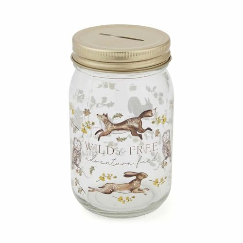 Cooksmart Forest Fable Glass Money Jar | British Designed Savings Jar | Woodland-Inspired Printed Glass with Gold Metal Lid | Rustic Farmhouse Coin Bank | Stylish Home Décor & Gift Idea