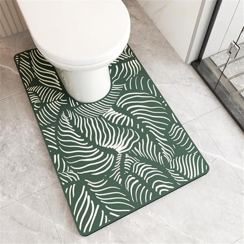 Treer Bath Mat Non Slip Diatomite Toilet Mat U Shape Pedestal WC Toilet Rug Absorbent Quick Dry for Bathroom Floor, Washable Easy to Clean, Minimalism Pattern (Green Leaff,55x50cm)