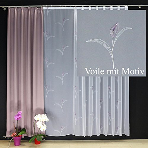 EASYHomefashion Hochwertige Gardine Fertiggardine Voile Store Schal mit Stickerei Faltenband und Bleiband weiß MALGA 130 x 450 cm (HöhexBreite)
