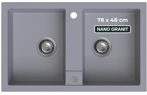 SINK QUALITY Doppel Spülbecken grau 78x48 cm, Doppelspüle mit Siphon und Imprägniermittel, Granitspüle 2 Becken - Küchenspüle ab 80er Unterschrank