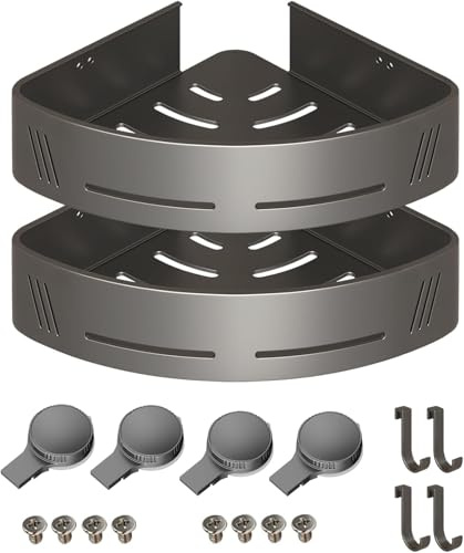 Gun Grey Corner Shower Caddy, 2 Pack Suction Cup Shelves with Hooks | Triangular aluminium bathroom organizers for smooth tile, glass and mirror surfaces; no drilling required