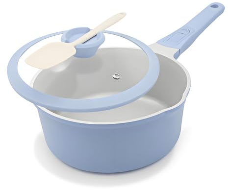 Cacerola de cerámica de 18 cm con tapa, cacerola de 2 L-azul claro | revestimiento cerámico antiadherente y mango extraíble, apta para todo tipo de placas, sin PTFE ni PFOA