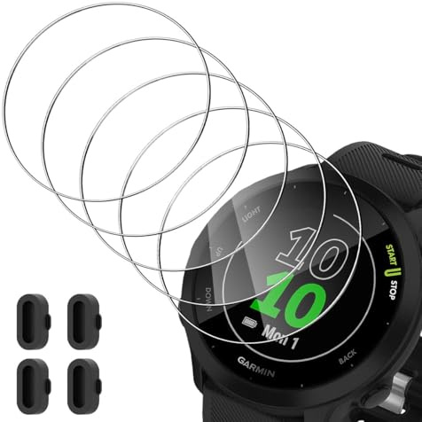 Mayfun Protector de pantalla para Garmin Forerunner 55 para cristal blindado, [5 unidades] + 4 tapones de silicona antipolvo, cristal protector antiarañazos, dureza 9H, alta resolución