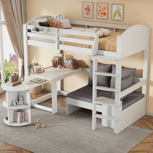 Mrwoo Kinderbett Hochbett 90x200 cm mit Leiter, Einzelbett mit ausziehbarem Tisch und Lagerregale, Sofa in der unteren Ebene mit Stauraum, Fallschutzgeländer und Lattenrost, Weiß (Ohne Matratze)
