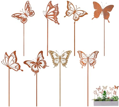 Rusokufo 8 STK Rost Gartenstecker, Metall Schmetterling Gartendeko, Wetterfeste Frühlings-, Sommer- & Herbstdeko für Balkon, Terrasse & Blumenbeet, Blumenstecker für Außenbereich Naturliebhaber