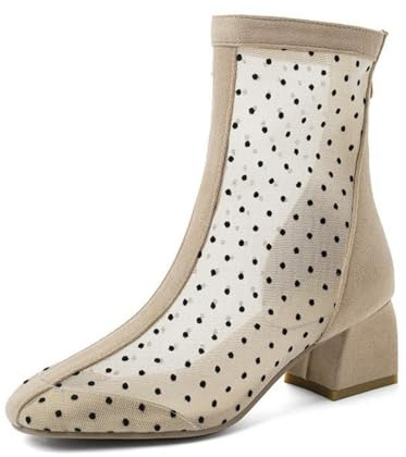 Generico Stivaletti Caviglia Donna Pois Mesh Punta Quadrata Tacco Basso Stivaletti Bordo Camoscio Mesh Trasparente Stivaletti Caviglia con Chiusura Cerniera