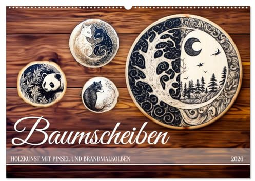 Baumscheiben - Holzkunst mit Pinsel und Brandmalkolben (Wandkalender 2026 DIN A2 quer), CALVENDO Monatskalender: Basteln auf Holzscheiben mit Brandmalkolben und Pinsel (CALVENDO Kunst)