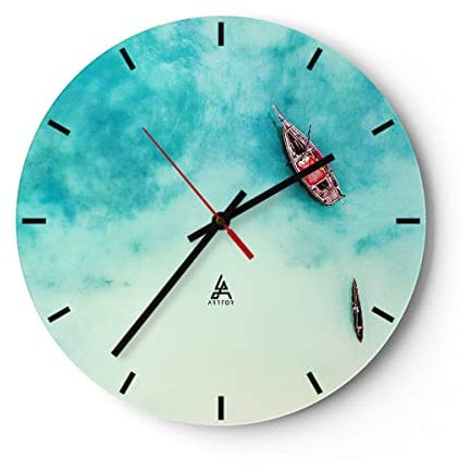 Modern Wanduhr Insel Boot Schiff Ozean 30x30cm Rund Klein Wand Uhr Glas Analog Zimmeruhren Küche Büro Wohnzimmer Glasuhr Wall Clock Dekoration Design Wanddekoration Küchenuhr C3AR30x30-2923