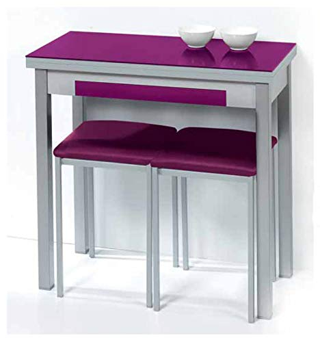 Sueña y Descansa Mesa Libro Tapa de Cristal Templado Color Morado, Patas Aluminio de 90 x 50 cm Extensible 90x 100 cm