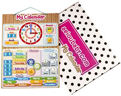 MAGNETISCHE KINDER-KALENDERUHR, Lernspiel Datum Wetter und Zeit für Wand oder Kühlschrank, 43x32cm. Ideale Box als Geschenk zum Kindergeburtstag in der Schule oder im Kindergarten (Englisch)
