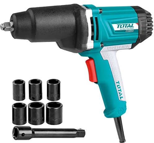TOTAL - Llave de Impacto a Cable de 550 Nm - Pistola Neumática Eléctrica - Carcasa de Aluminio con Protector de Goma - Incluye un Adaptador y 6 Llaves de Vaso