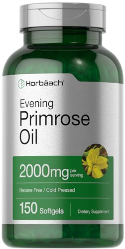 Horbäach Evening Primrose Oil Softgels | 2000 mg | 150 Pills | Cold Pressed, Hexane Free Supplement with GLA | Non-GMO, Gluten Free