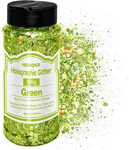 HEMOER Purpurina Gruesa Holográfica Verde, 100g Grado Cosmético Brillos Corporales para Uñas, Cara, Cabello y Maquillaje de Festival, Hexágono Purpurina para Manualidades, Resina Epoxy Decoración