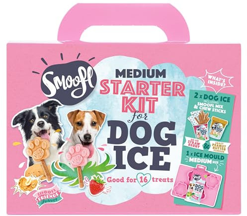 Smoofl Starter Kit Hundeeis, Premium Hundesnacks: EIS Fuer mittlere Hunde mit essbarem Stiel und Eisformen zum Selbermachen im Set, Hundeleckerli mit erfrischender Wirkung, Erdbeer und Erdnussbutter