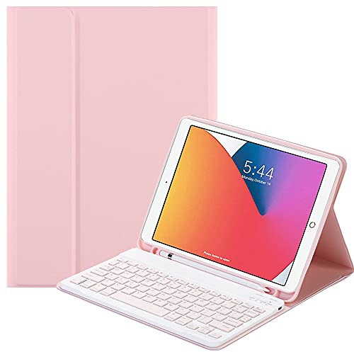 Chstls Funda Teclado para Apple iPad Mini 1-5, Delgado y Ligero, Estuche con Teclado Bluetooth Inalámbrico Magnético Removible y Ranura para Lápiz - Rosa