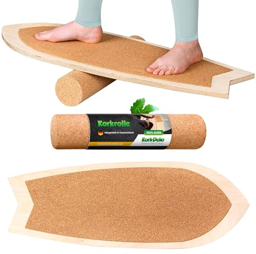 Surf Balanceboard mit Korkpad & Korkrolle | 88 x 32 cm | Gleichgewichtsbrett | Wackel-Brett | Koordinationstraining | Gleichgewicht & Koordination (Surf-Balanceboard + Korkrolle)