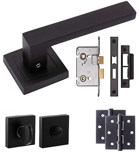 Golden Grace Delta Bathroom Door Handles on Square Rose in Stunning Matte Black Finish Complete with 1 Pair of Ball Bearing Hinges, Mortise Lock & Matching Thumbturn