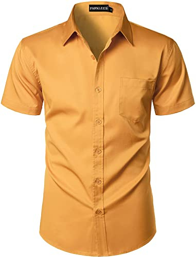 PARKLEES – Chemise décontractée à manches courtes et boutonnée pour homme avec poche, doré, L