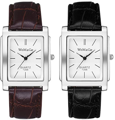 JewelryWe 2pcs Herrenuhr Analog Quarz Armbanduhr Herren Klassische Retro Rechteckig Business Beiläufige Uhr mit Leder Armband Schwarz Braun