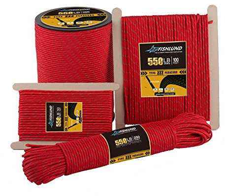 FISHLUND Reflective Paracord 550 lb, 7 Strand Paracord Rope 50ft 4mm, Nylon Parachute Cord for Camping, Imperial Red