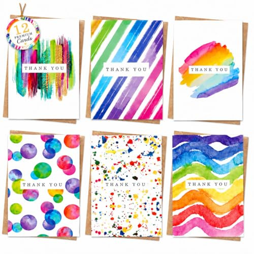 Giftinghouse Thank you Cards Multipack of 12/24/48 with Envelopes. 6 Watercolour designs. 10 x 15cm. Blank Inside for Teachers, Weddings, Kids. Made in the UK.