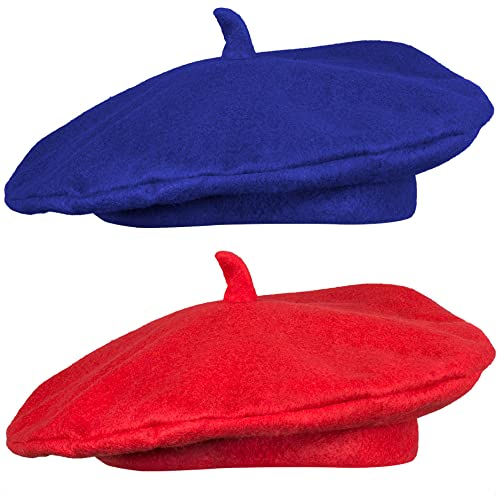 com-four® 2-teiliges Baskenmützenset - für Alltag, Karneval, Fasching, Halloween und Motto-Partys - Béret in Einheitsgröße - tolles Modeaccessoire oder Kostüm (2 Stück - blau/rot)