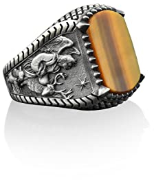 BySilverStone Jewelry Siegelring Mit Tigerauge Für Herren, 925Er Sterlingsilber-Heilring, Geformter Siegelring, Edelstein-Herrenring, Christlicher Boho-Ring, Schmuck Für Männer