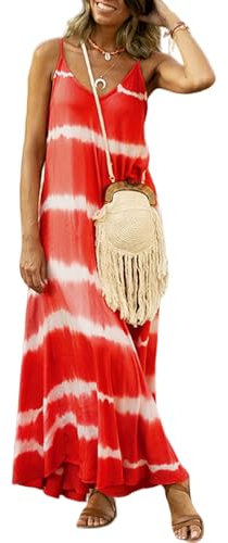 HEYPORK Damen Frühling Sommer Rock Bequem Lässig Kleider Mode Frauen Röcke Cami-Kleid Bedrucktes Gestreiftes Langes Loses Kleid(Rot, 2XL)