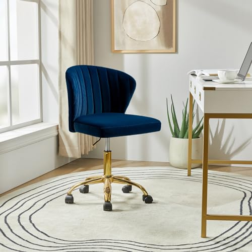 HULALA HOME Swivel Office Chair Desk Chairs Velvet Comfy Upholstered Computer Cute Chairs with Adjustable Height & Padded Cushion for Office, NAVY