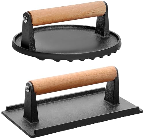 CEKEE Burgerpresse, rund & rechteckig, robuste Gusseisen-Grillpresse mit Holzgriff, Smash Burger-Presse, perfekt für Blackstone Grillplatten, Flattops, Grills, Camp, Chef – Blackstone Zubehör
