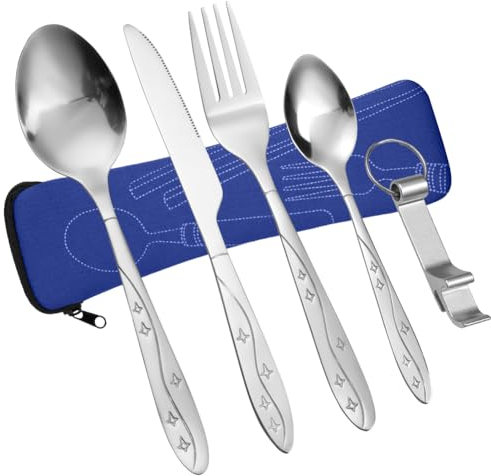 Vicloon Campingbesteck, 6 Stück Edelstahl Besteck, Reisebesteck Camping mit Gabel, Löffel, Flaschenöffner und Bestecktasche, Edelstahl Besteck für Reise Camping Picknick (Dunkelblau-Stern)
