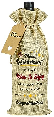 Cotton Linen Drawstring Bottle Bag for Wine with Tag and Rope - Retirement Gift for Men and Women