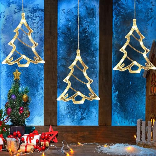 3 Pack Christmas Window Lights, Battery Powered Christmas Window Hanging Light with Suction Cups,Lighted LED Sucker Lamp for Xmas Tree Fireplace Window Indoor Outdoor Decoration (Tree)