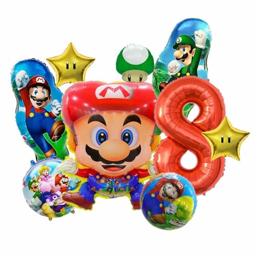 9 Stück Super Luftballon Geburtstag 8 Jahre, Super Bros Folienballon 8 Kindergeburtstag Dekoration