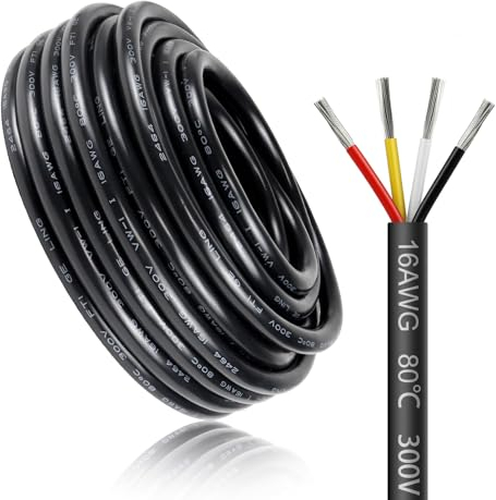 5 Meter 16AWG 4x1,5mm² Elektrischer Kabel, 4 Adriges Kabel 5V/12V/24V/300V Stromkabel Verzinntes Kupferkabel, Flexibel und Weich Niedrige Impedanz Hohe Temperaturbeständigkeit Verlängerungskabel