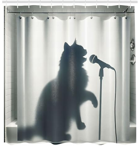 ABAKUHAUS Katze Duschvorhang, Schatten Einer singenden Kätzchen Funny Bad Time Musiker Tierhumor Witz, Stoffliches Gewebe Badezimmerdekorationsset mit Haken, 175 x 200 cm, Dunkelblau Grau Off-White