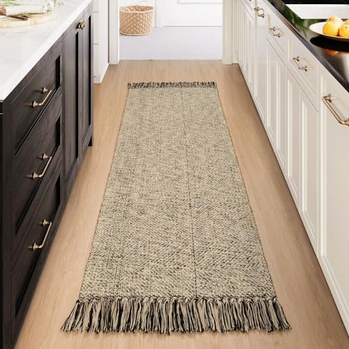 Collive Farmhouse Hallway Runner Rug, 2x6 Hand-Woven Reversible Washable Runners for Kitchen Floor, Natural/Black Cotton Laundry Room Rug Modern Boho Kitchen Sink Rug for Bathroom Foyer Bedroom