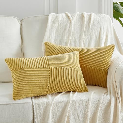 FDTERN 2er Set Kurkuma Boho Dekorativ Kissenbezug 30x50 mit Diagonales Gestreiftes Muster Weich Kordsamt Kissenhülle Zierkissenbezüge Sofakissen Dekokissen Deko für Sofa Schlafzimmer Wohnzimmer