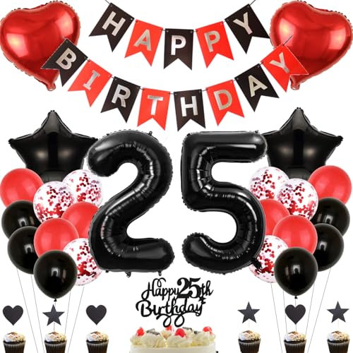 Anlgdi Deko 25. Geburtstag Frau, Tortendeko Geburtstag 25 Jahre Frauen, Rot Schwarz Geburtstagsdeko 25 Jahr Frau, Ballon 25 Geburtstag Mann, Folienballon 25 Geburtstag Männer Frauen Dekoration