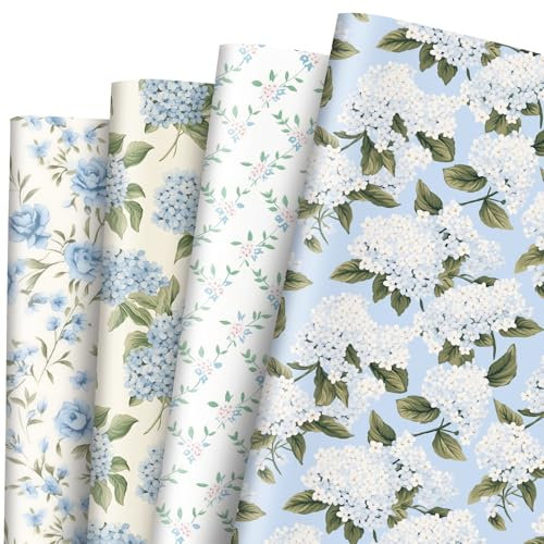 JarThenaAMCS 8 Sheets Hydrangea Wrapping Paper -Not Roll- Blue Floral Gift Wrap Paper Folded Flat Flower Craft Paper for Home Party Supplies, 19.7 x 27.6 Inch