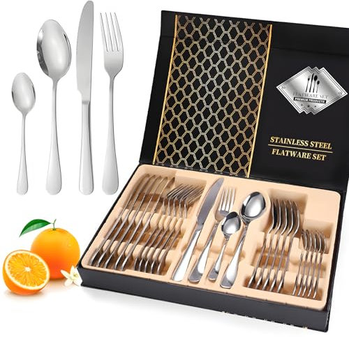 Ménagère 24 Pièces pour 6 Personnes en Acier Inoxydable, avec Coffret Cadeau, Ensemble de Couverts avec Couteau,Comprend Couteau, Fourchette, Cuillère, Cuillère à Café,pour Famille, Fête, Restaurant