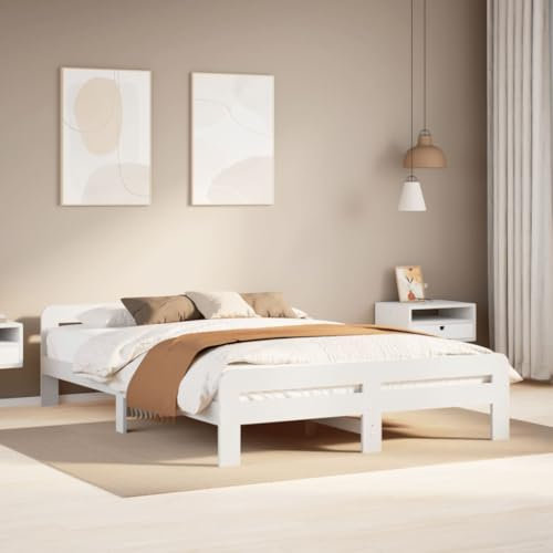 vidaXL Massivholzbett, Holzbett mit Kopfteil Fußteil Lattenrost, Doppelbett für Schlafzimmer, Bett Bettgestell, Weiß 140x200cm Kiefernholz