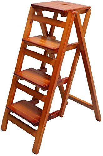 Solid Wood Folding Step Ladder Stool for Kitchen Office Library Multifunctional Wooden Shelving Ladder Chair with 4 Steps Black Wood Color