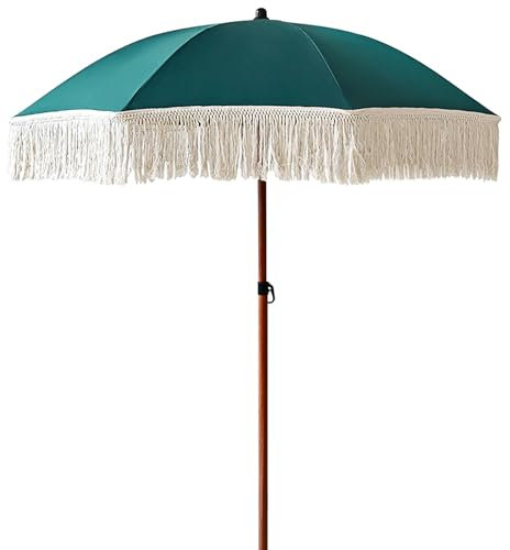 Sombrilla de playa impermeable con flecos de 6 pies con protección solar, parasol verde para exteriores para piscina y balcón, poste de aluminio de grano de madera, sombrilla de jardín pequeña, verde,