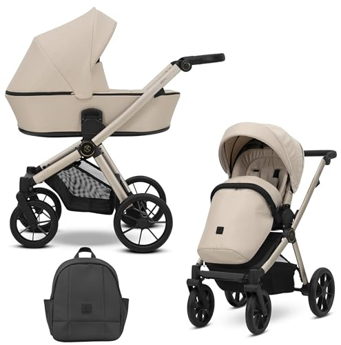 Kunert BRAV 2-in-1-Kinderwagen, Sportsitz, wendbar, Aluminiumrahmen, leicht, Komfort-Design, Regenschutz, Moskitonetz, Flaschenhalter, Rucksack-Korb (Cremefarben)