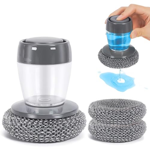 2 IN 1 Soap Dispensing Palm Brush Set with 2 Extra Brush Heads – Kitchen Scrubber for Pots, Pans, Sinks & Stainless Steel Cleaning – Ergonomic Household Cleaning Brush for Easy Kitchen Cleaning